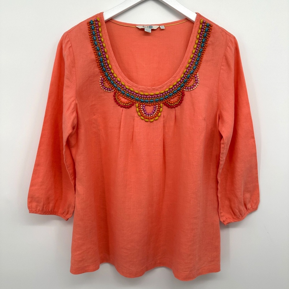Boden Top Shirt Size 10 Beaded 100% Linen 3/4 Sleeve‎ Artsy Festival Statement M
